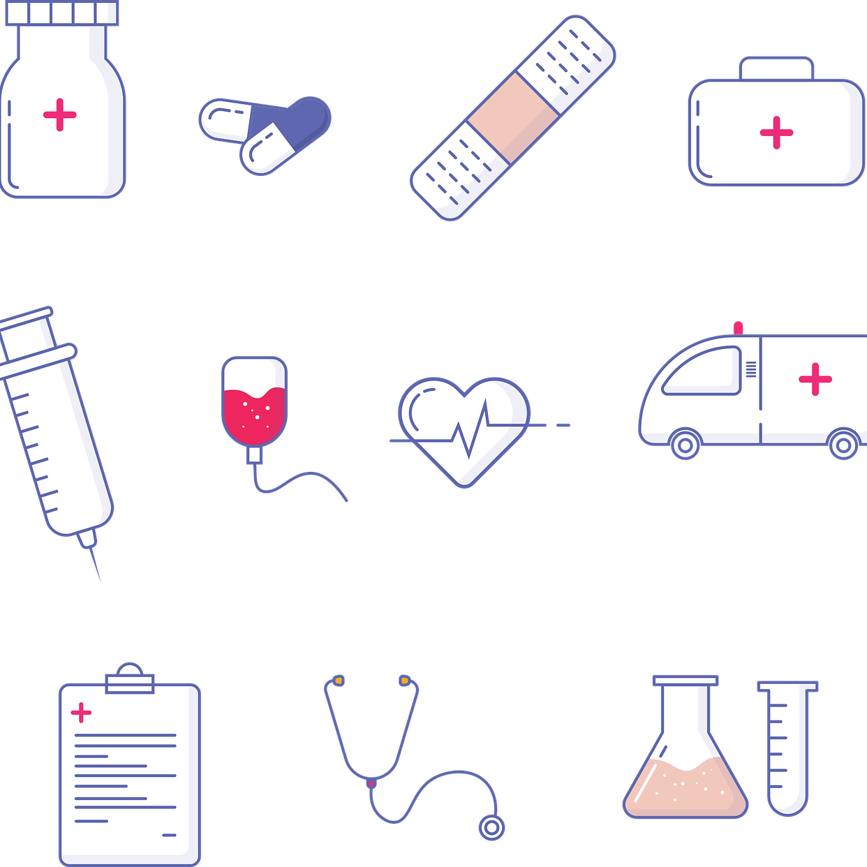 Illustration représentant des éléments médicaux : médicaments, ambulance, seringue, pilule, pensement, etc. 